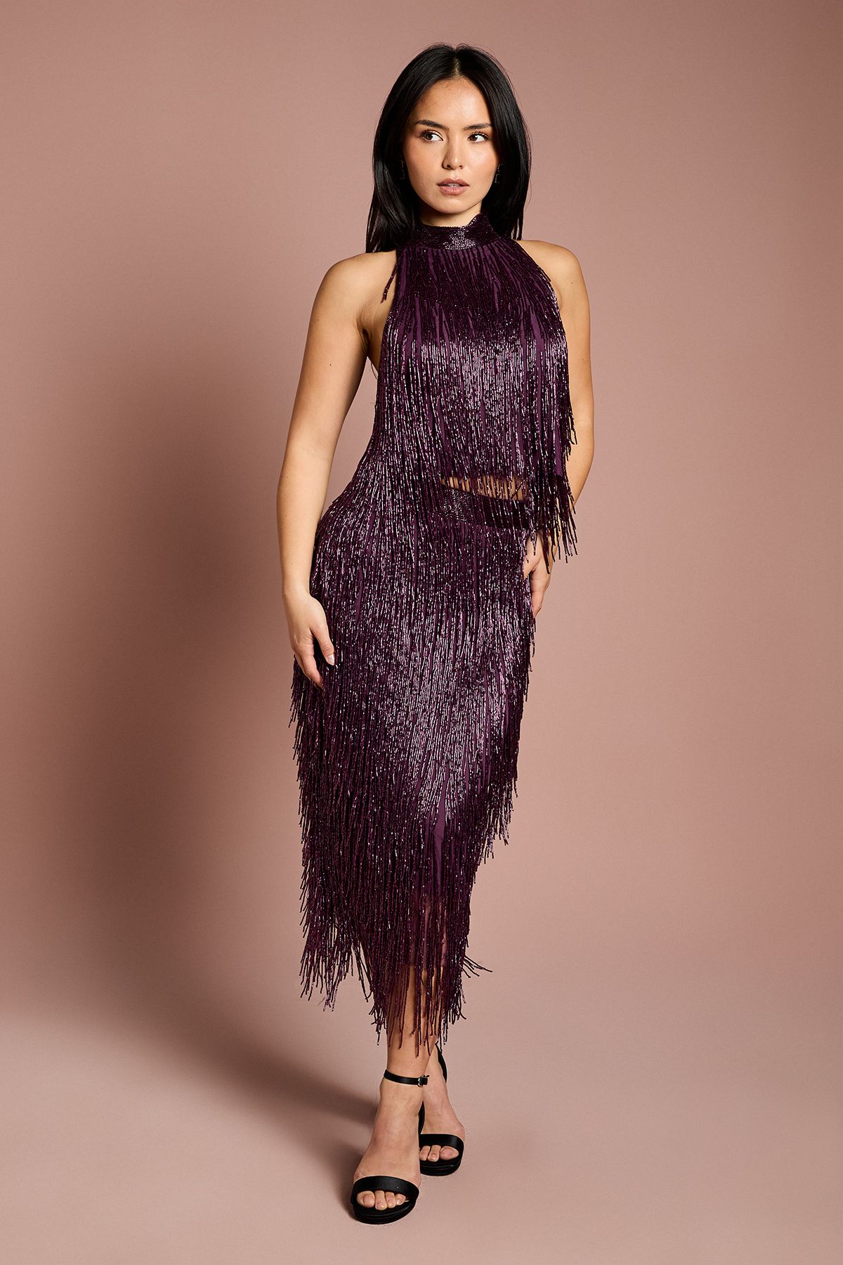 Coast Petite High Neck Embellished Fringe Top Plum image 2