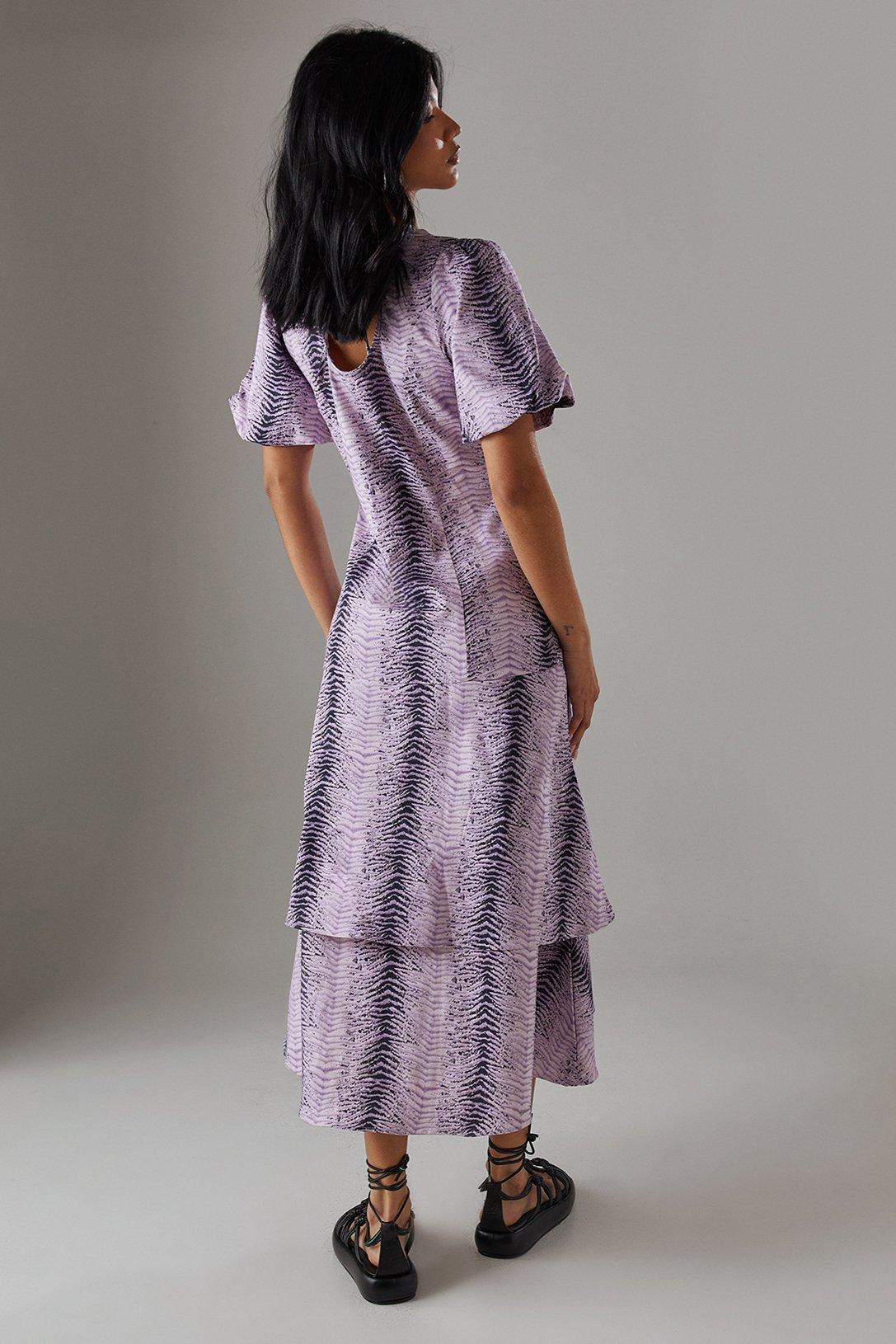 Warehouse Animal Twill Puff Sleeve Ruffle Hem Midi Dress Ice Lilac image 3
