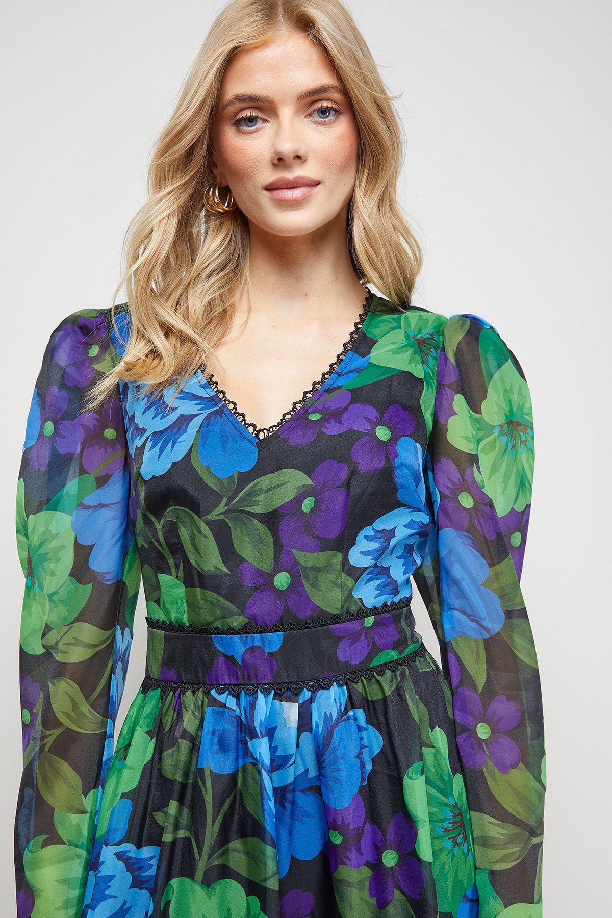 Oasis V Neck Open Back Long Sleeve Midi Dress Multi image 4