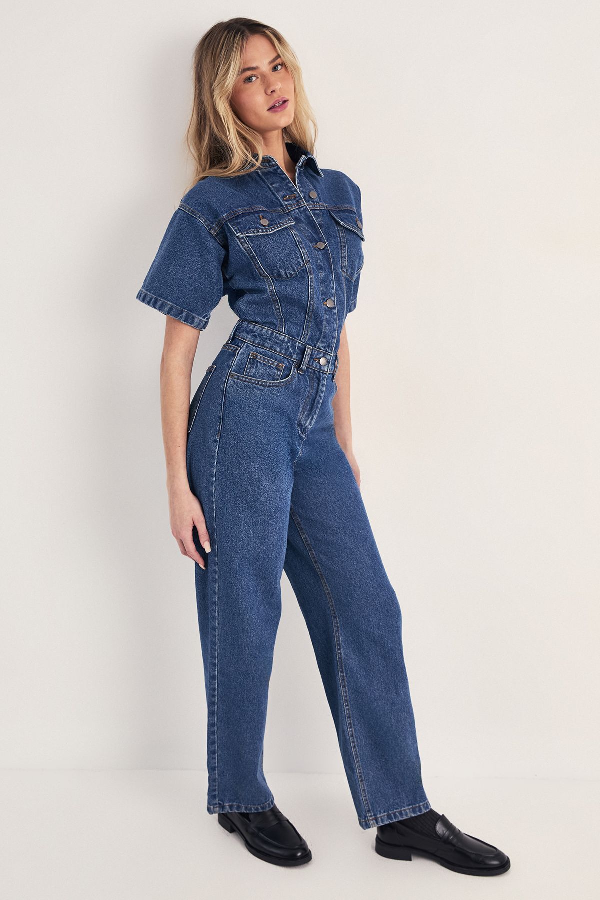 NastyGal Denim Low Rise Boyfriend Jumpsuit Authentic Midwash image 4