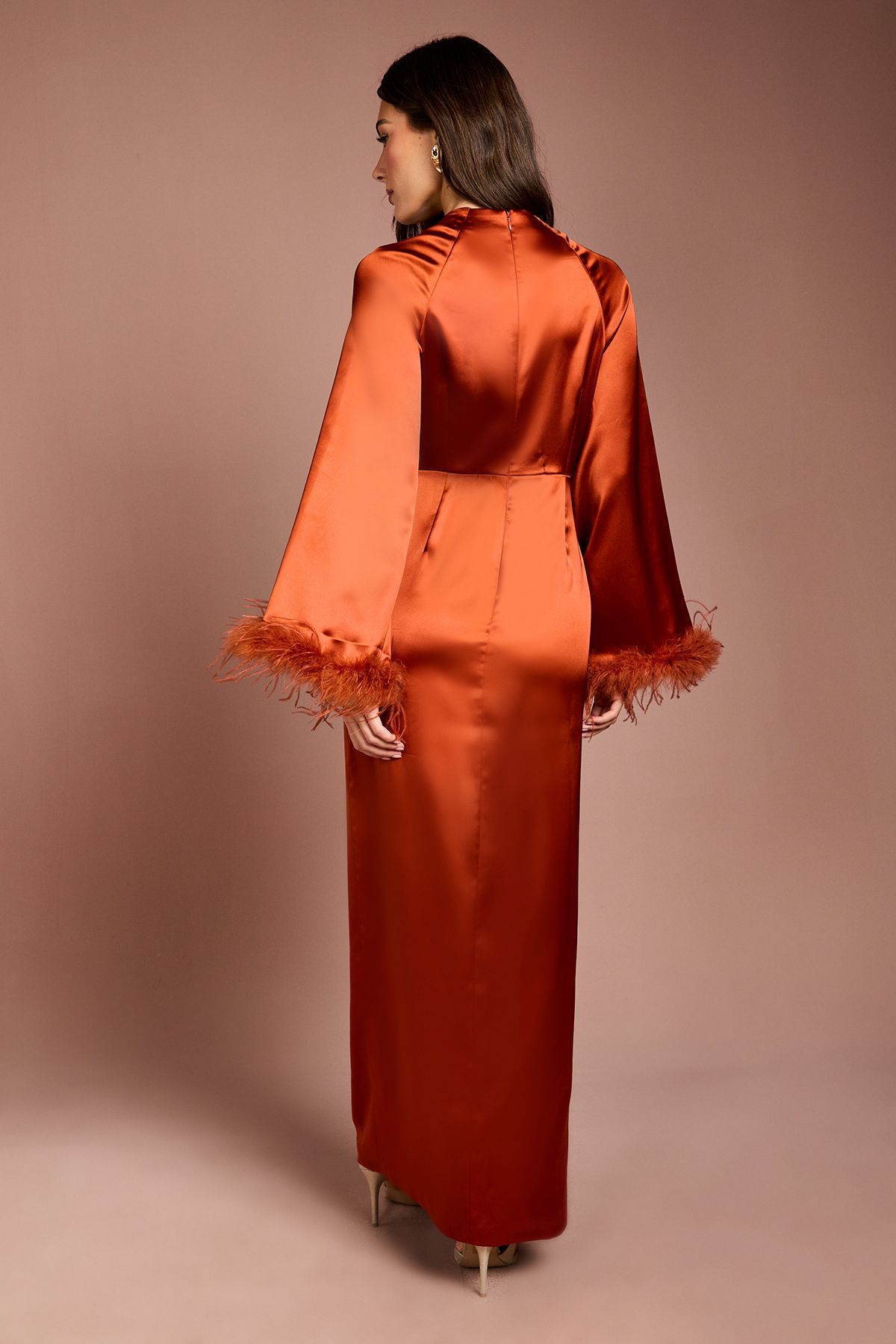 Coast Feather Trim Satin Maxi Dress Rust image 3