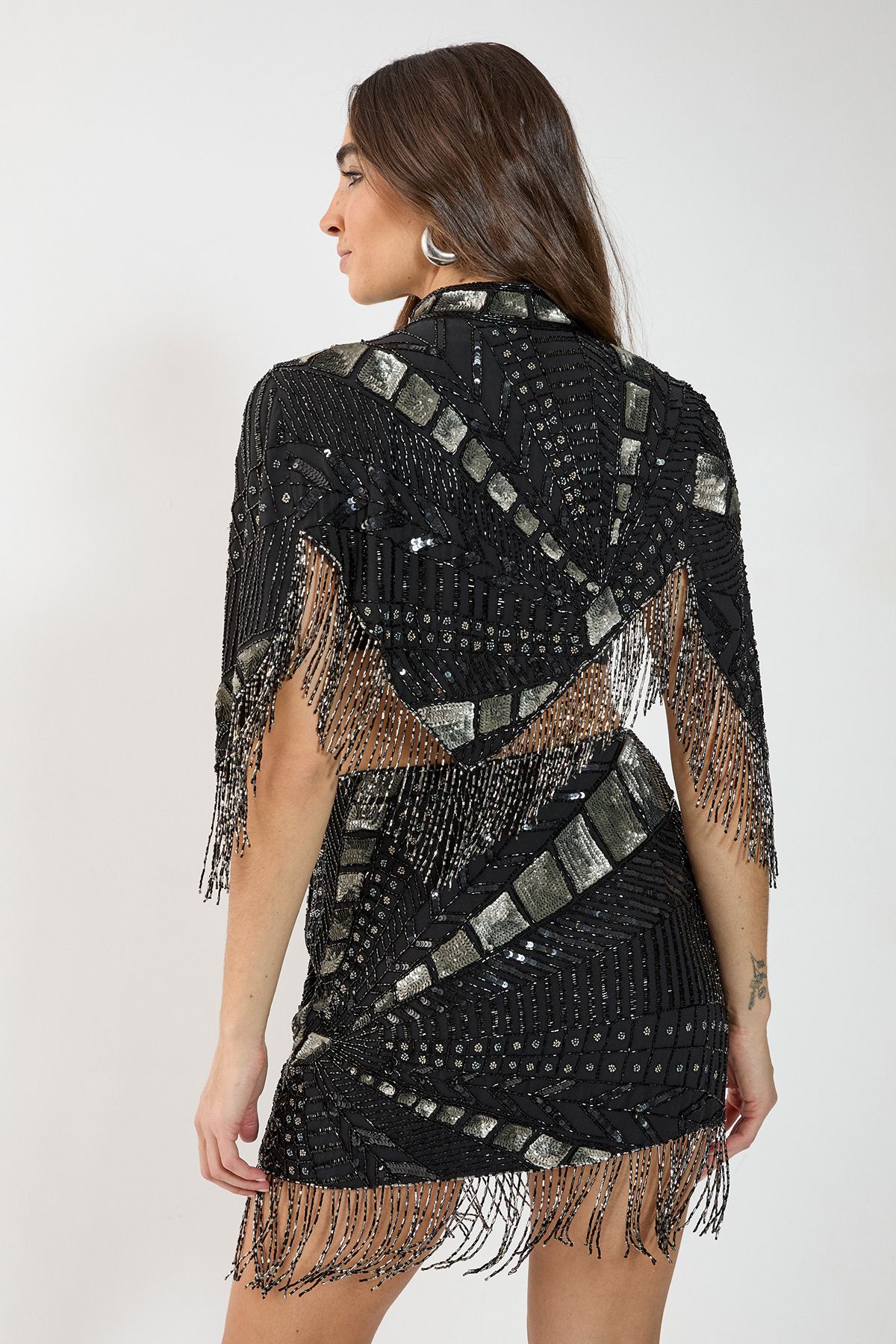 NastyGal Hand Embellished Panelled Tassel Sequin Mini Skirt Black image 4