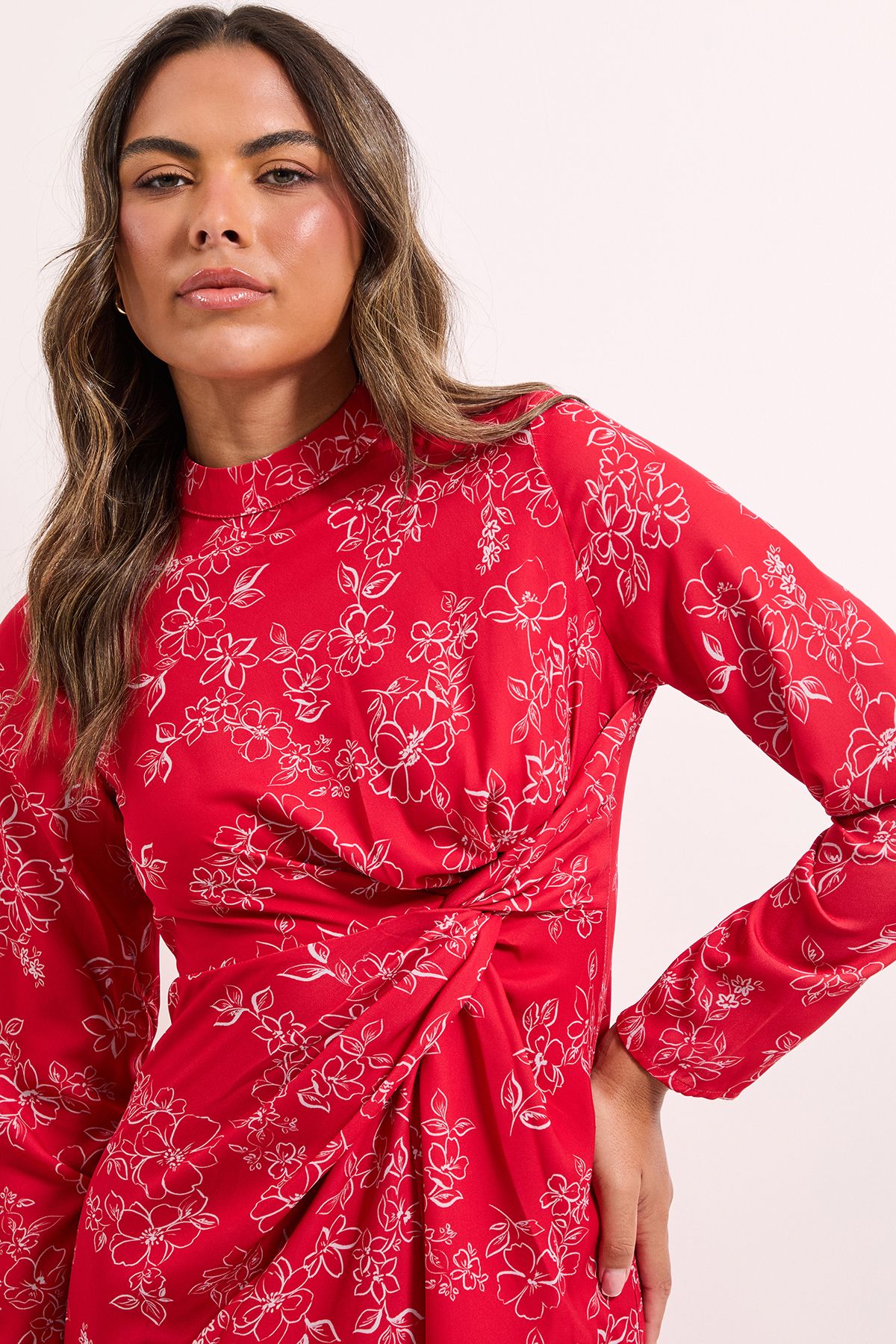 Dorothy Perkins Floral High Neck Ruched Side Midi Dress Floral image 3