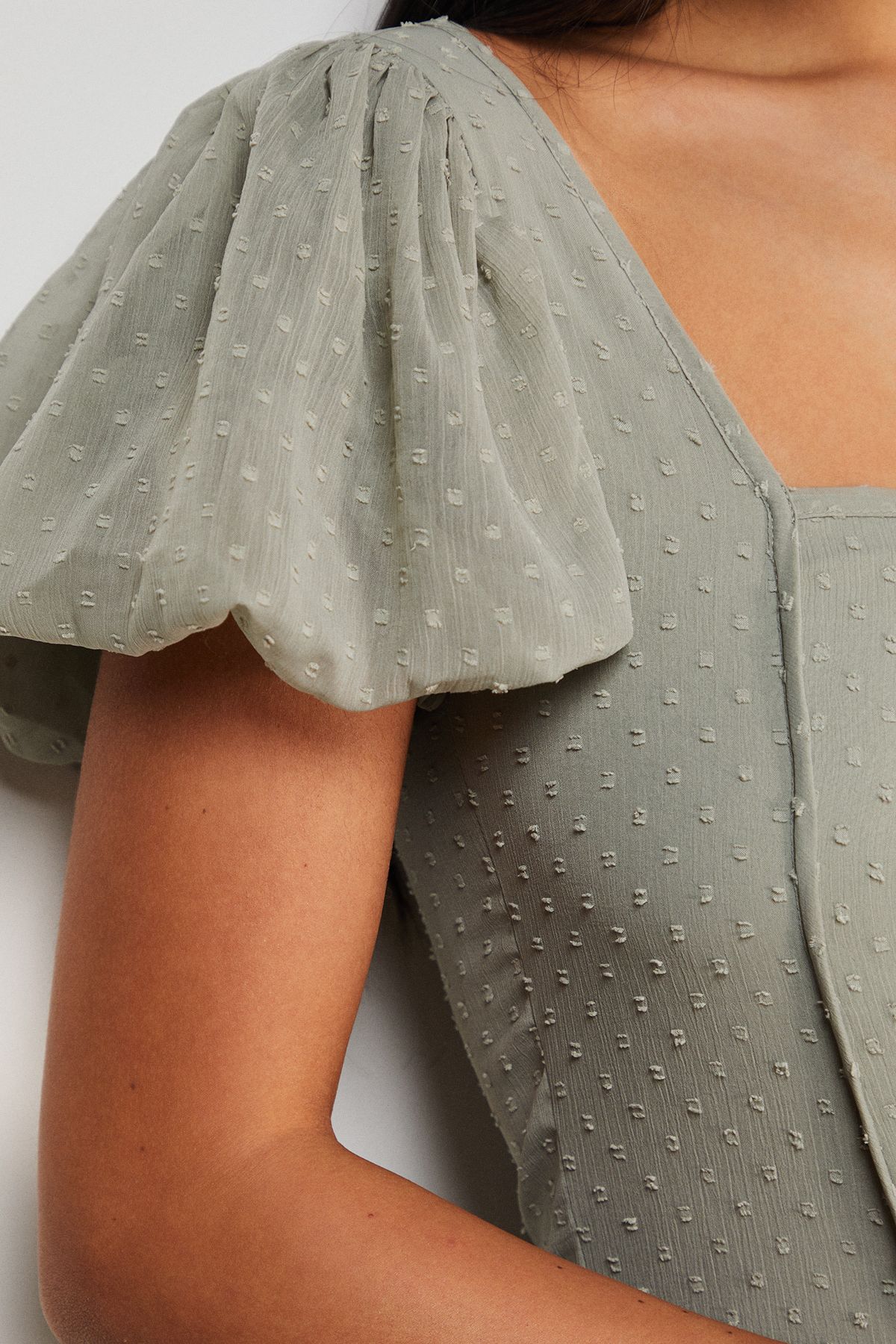 Warehouse Dobby Chiffon Button Bodice Godet Seam Midi Tea Dress Khaki image 5