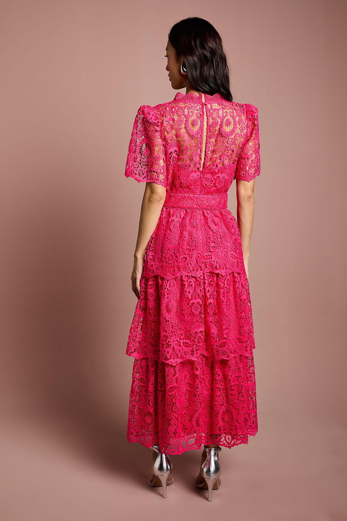 Coast Short Sleeve V Neck Tiered Lace Midi Dress Raspberry image 3