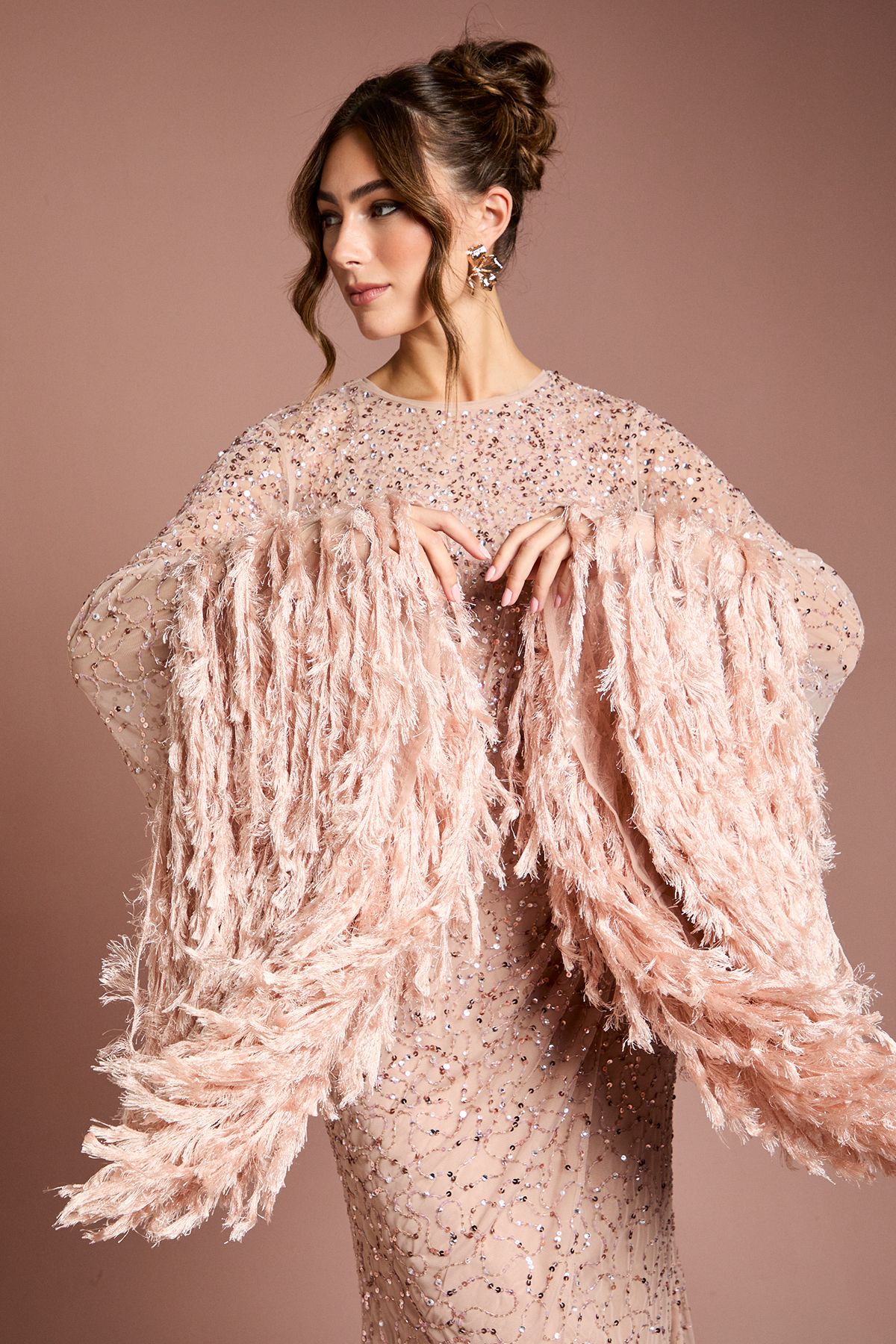 Coast Sequin Embellished Feather Trim Black Tie Maxi Dress Blush image 2