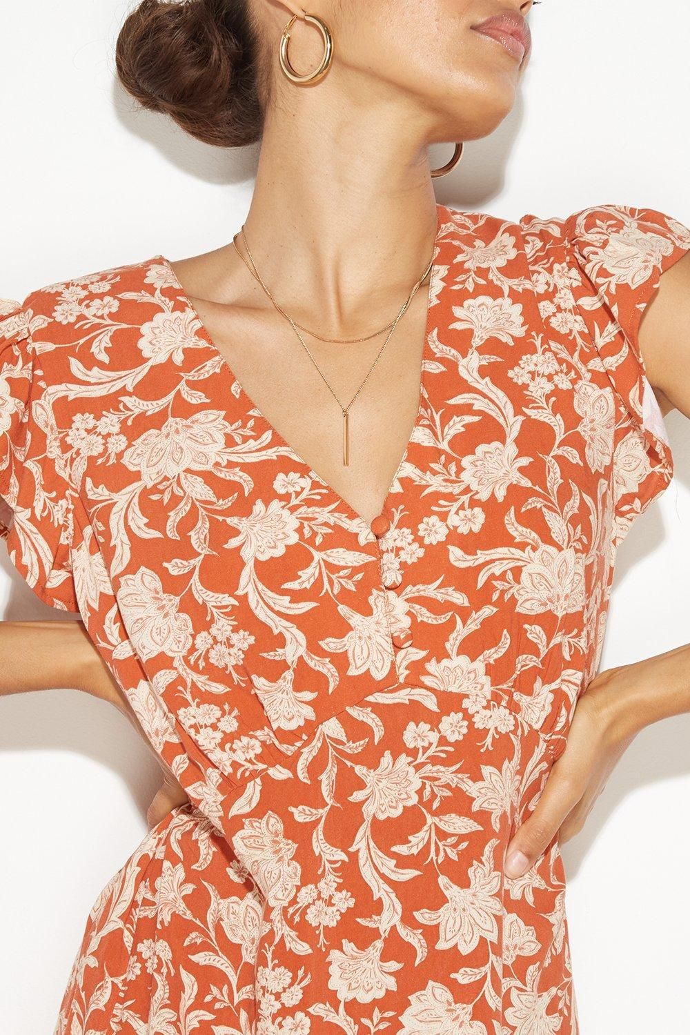 Dorothy Perkins Petite Floral Ruffle Sleeve Button Midi Dress Rust image 4