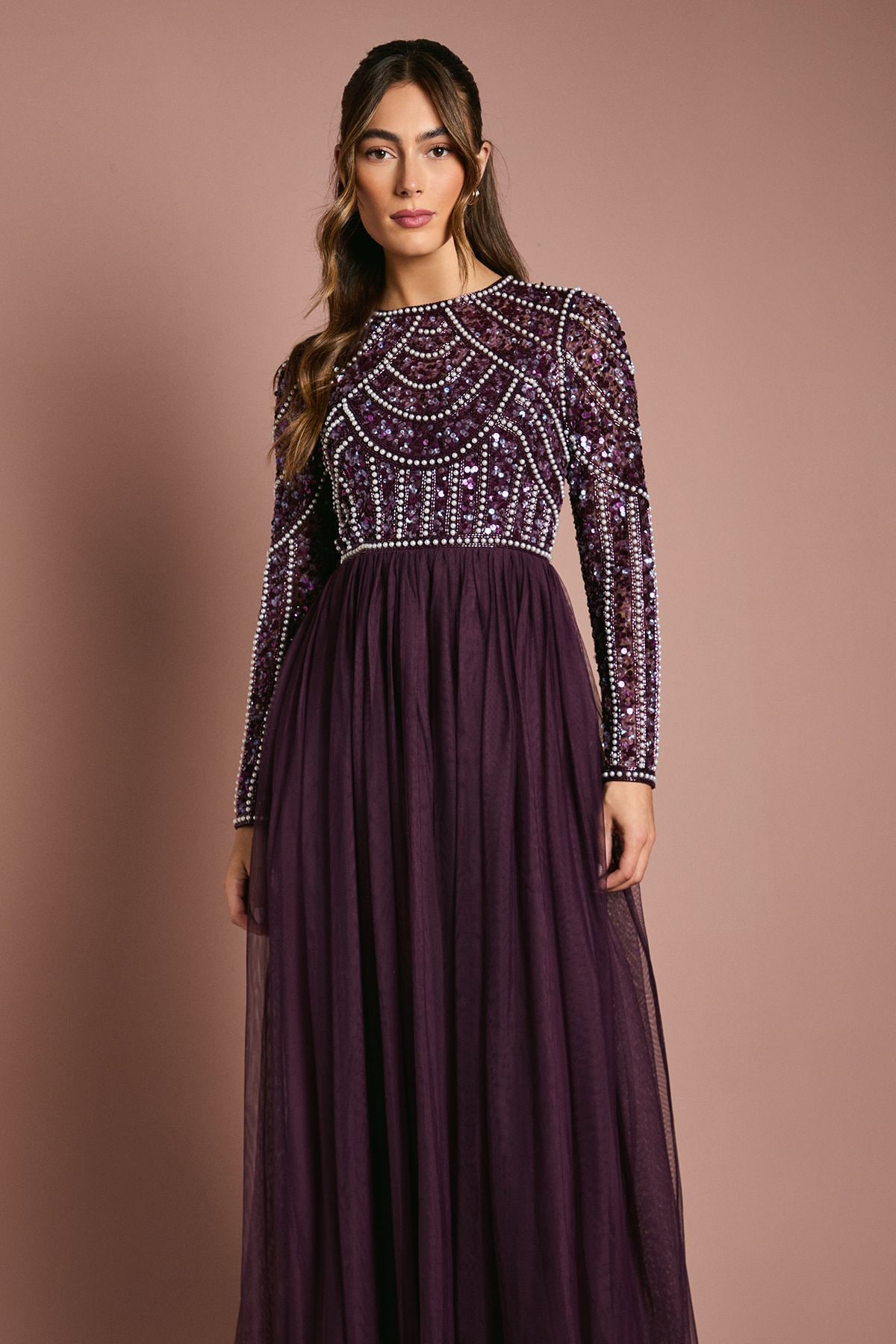 Coast Coast Honoured Long Sleeve Sequin Bodice Tulle Skirt Maxi Bridesmaid Dress Fig image 4