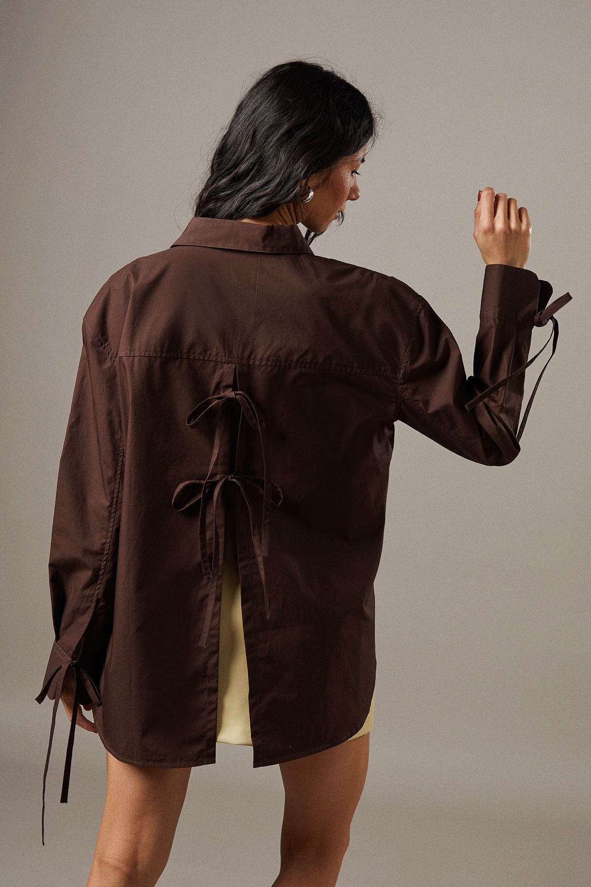 Warehouse Oversized Bow Back Shirt Chocolate image 1