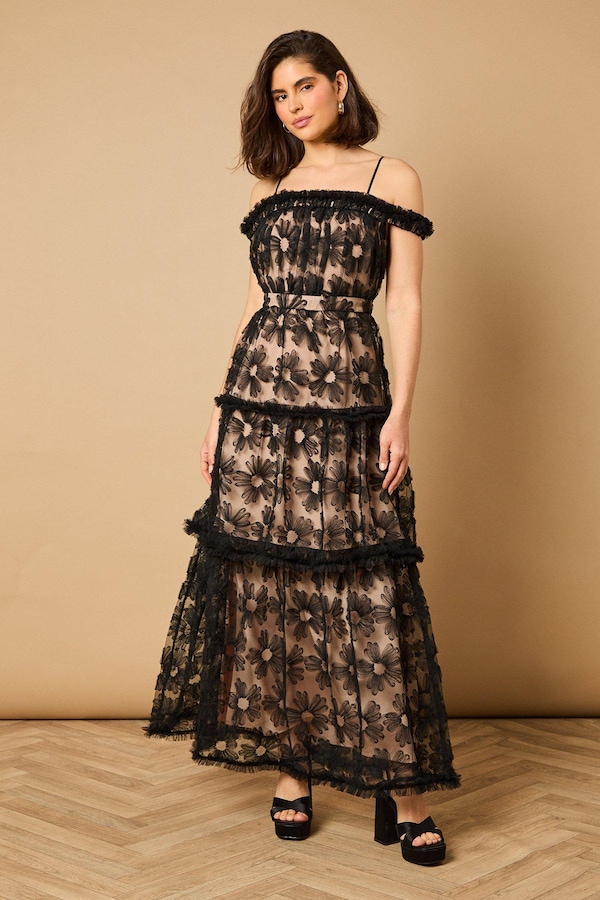 Oasis Mesh Floral Bardot Occasion Midi Dress Black