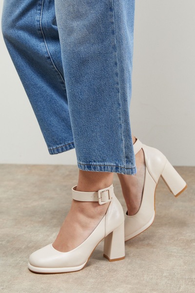 Oasis Celine Faux Leather Covered Buckle High Block Heel Platform Court Shoes Beige