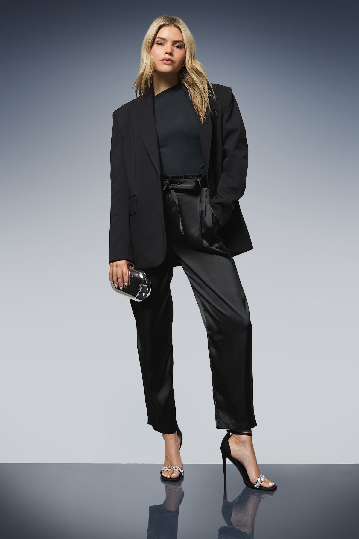 Dorothy Perkins Satin Paperbag Tapered Trousers Black image 1