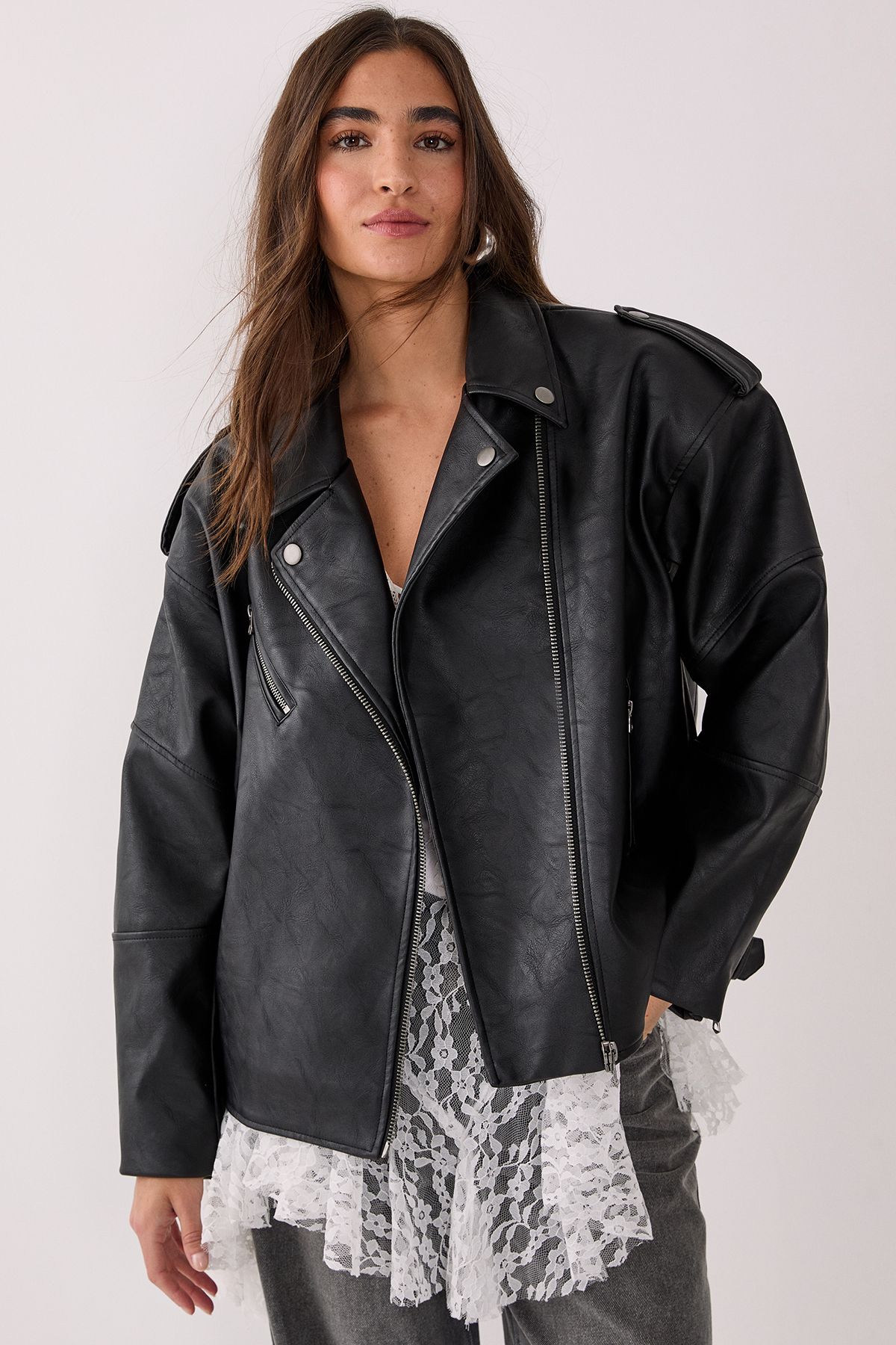 NastyGal Faux Leather Biker Jacket Black