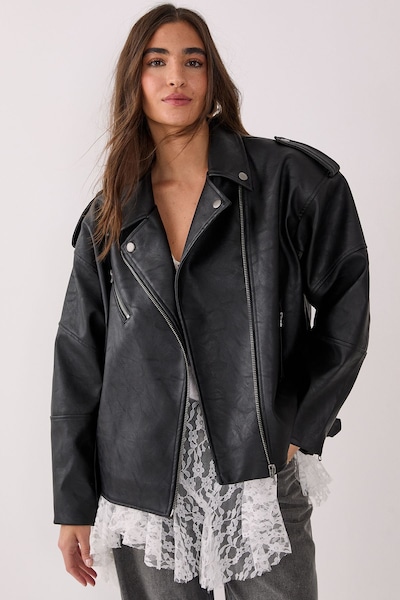 NastyGal Faux Leather Biker Jacket Black