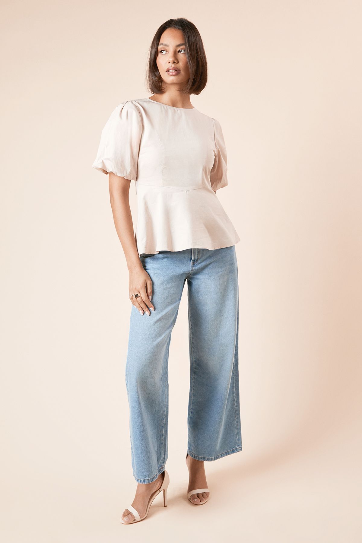 Dorothy Perkins Dropped Waist Puff Sleeve Blouse Stone image 2