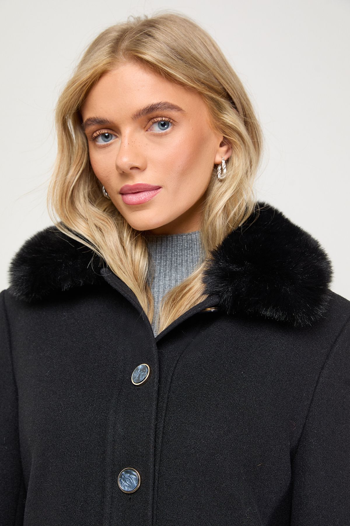 Oasis Faux Wool Button Through Dolly Coat With Faux Fur Black image 4