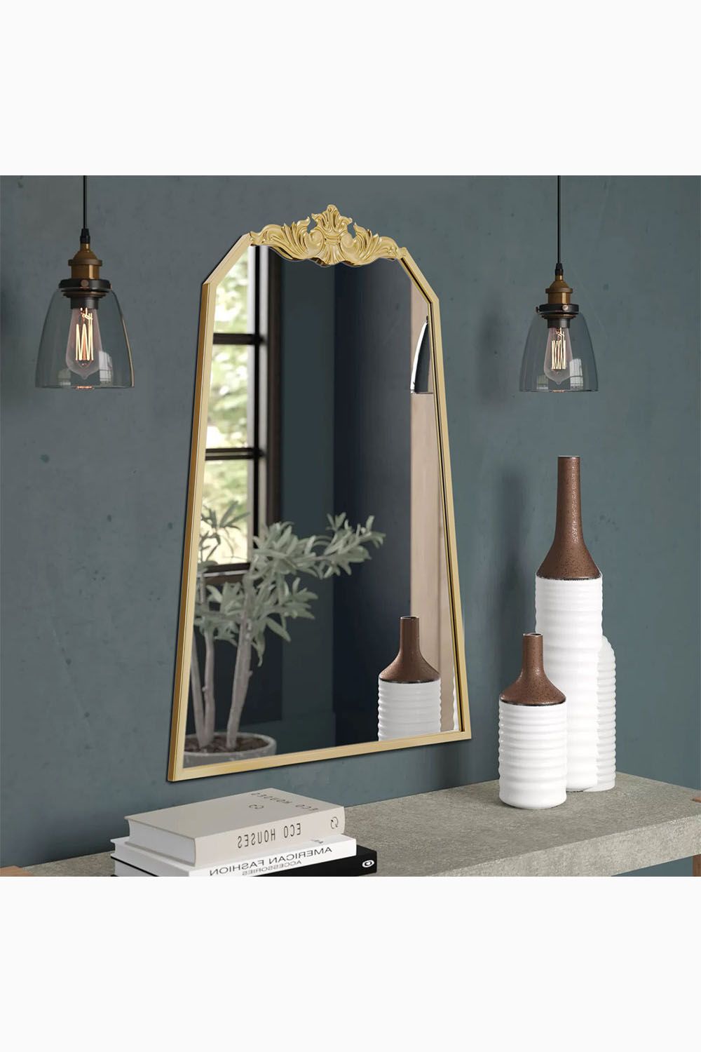 Living and Home 60cm W x 90cm H Gold Wave Carved Metal Framed Decorative Wall Mirror Makeup Mirror image 1
