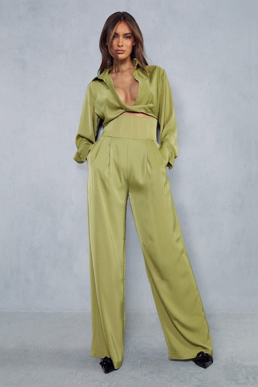 MissPap Satin Twist Front Cropped Shirt Olive image 4