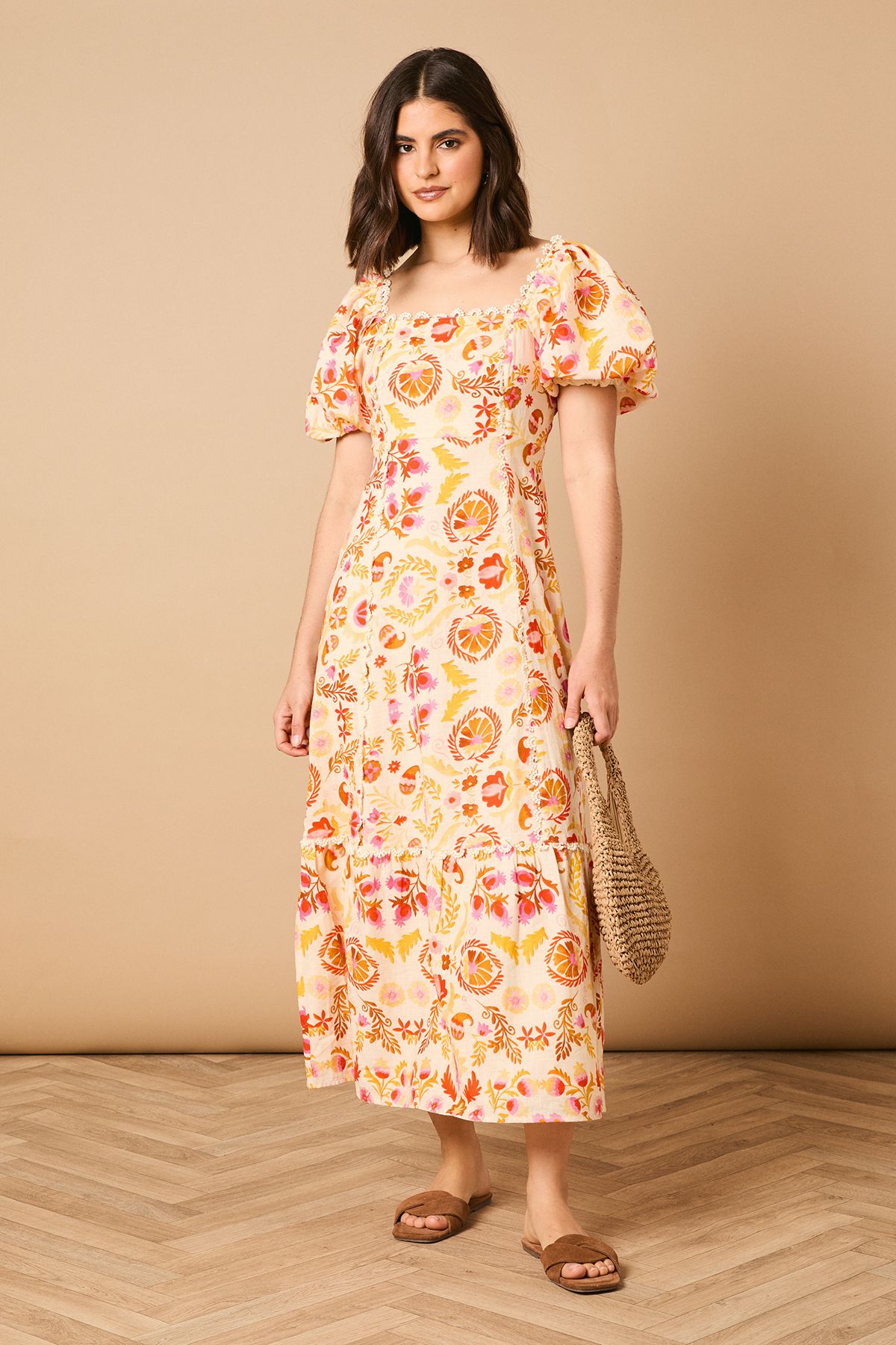 Oasis Trim Detail Square Neck Puff Sleeve Midi Dress Multi