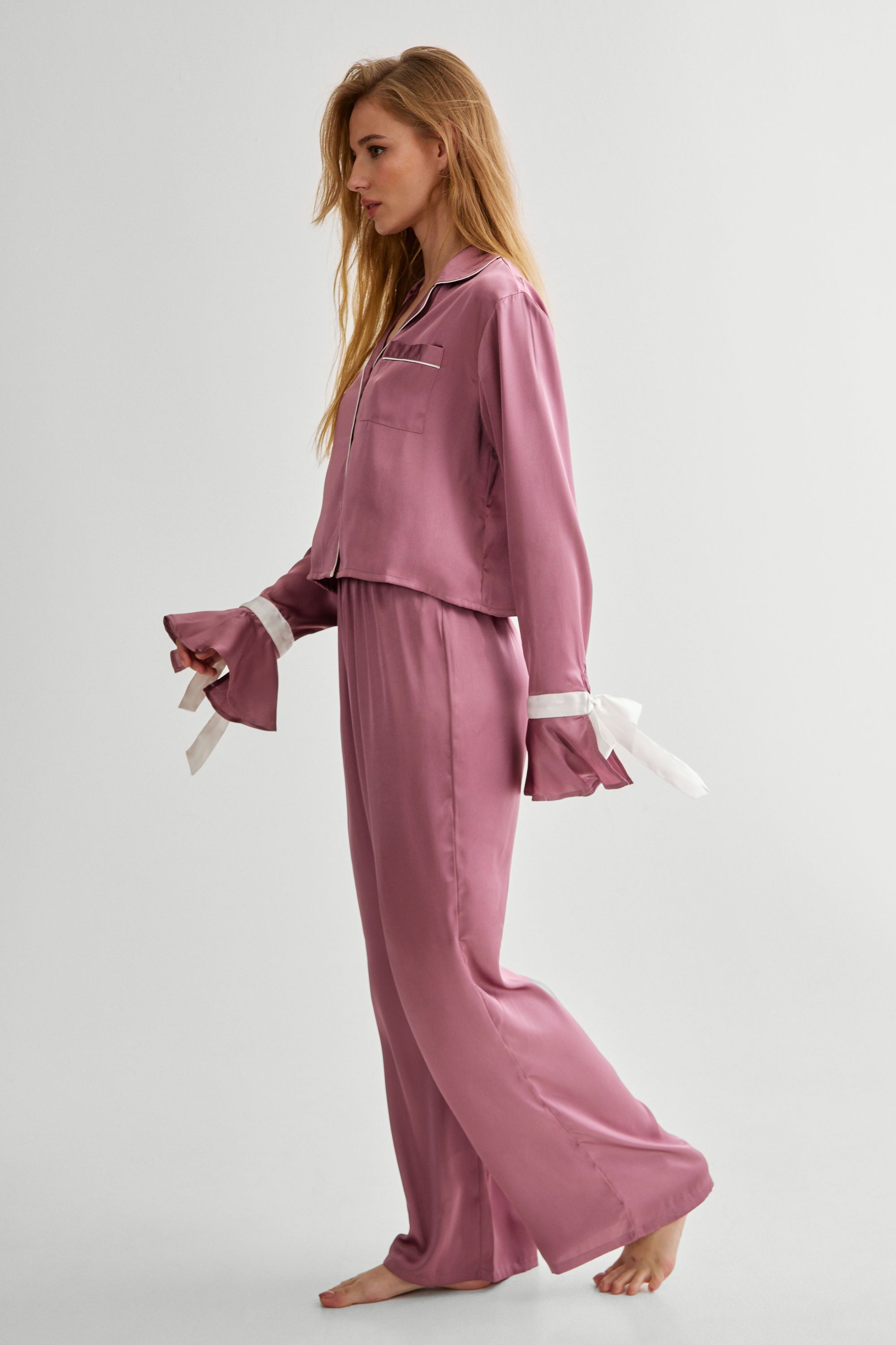 NastyGal Satin Contrast Tie Cuff Pajama Shirt And Pants Set Mauve image 3