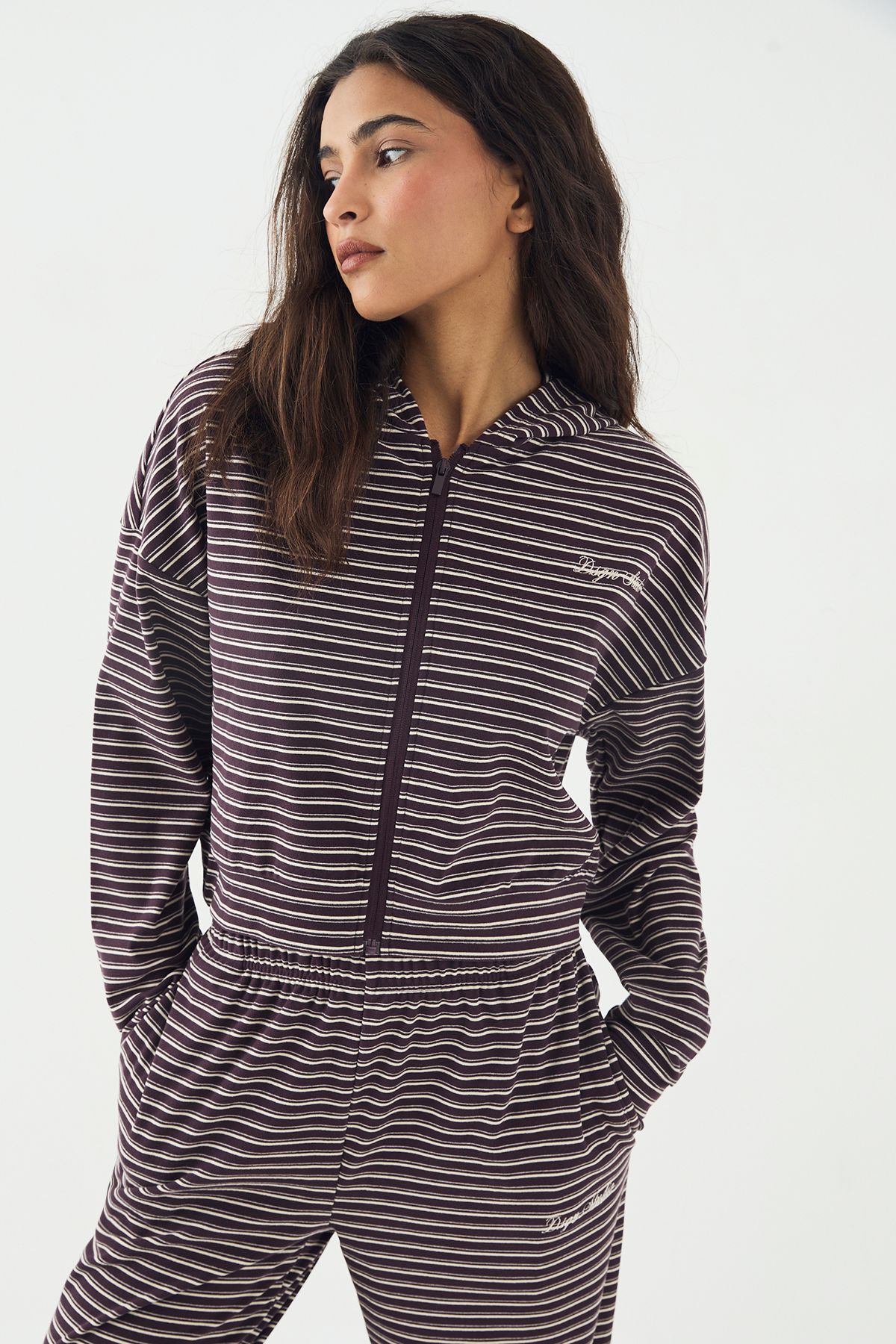 DSGN Studio DSGN Studio Soft Stripe Boxy Crop Zip Through Hoodie Plum image 3
