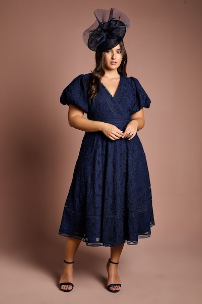 Coast Plus Lace Midi Dress With Puff Sleeve Navy