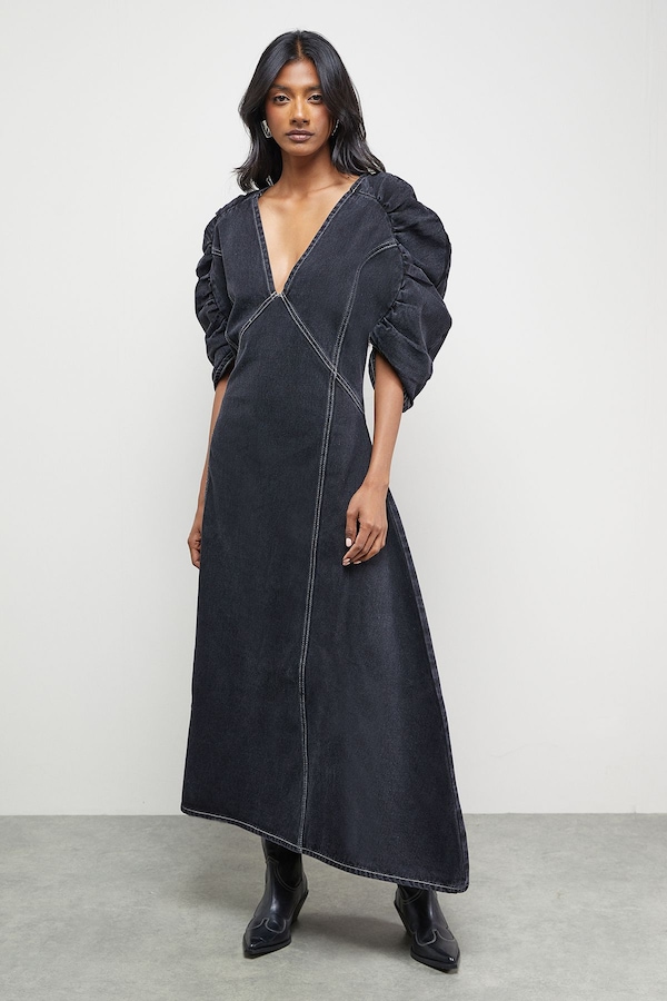 Warehouse Denim Gathered Shoulder Seam Detail Midi Dress Washed Black