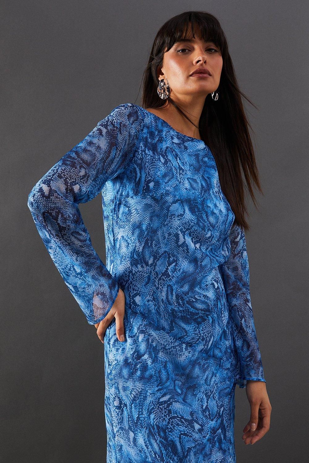 Warehouse Chiffon Snake Print Asymmetric Hem Flute Sleeve Midi Dress Blue image 4