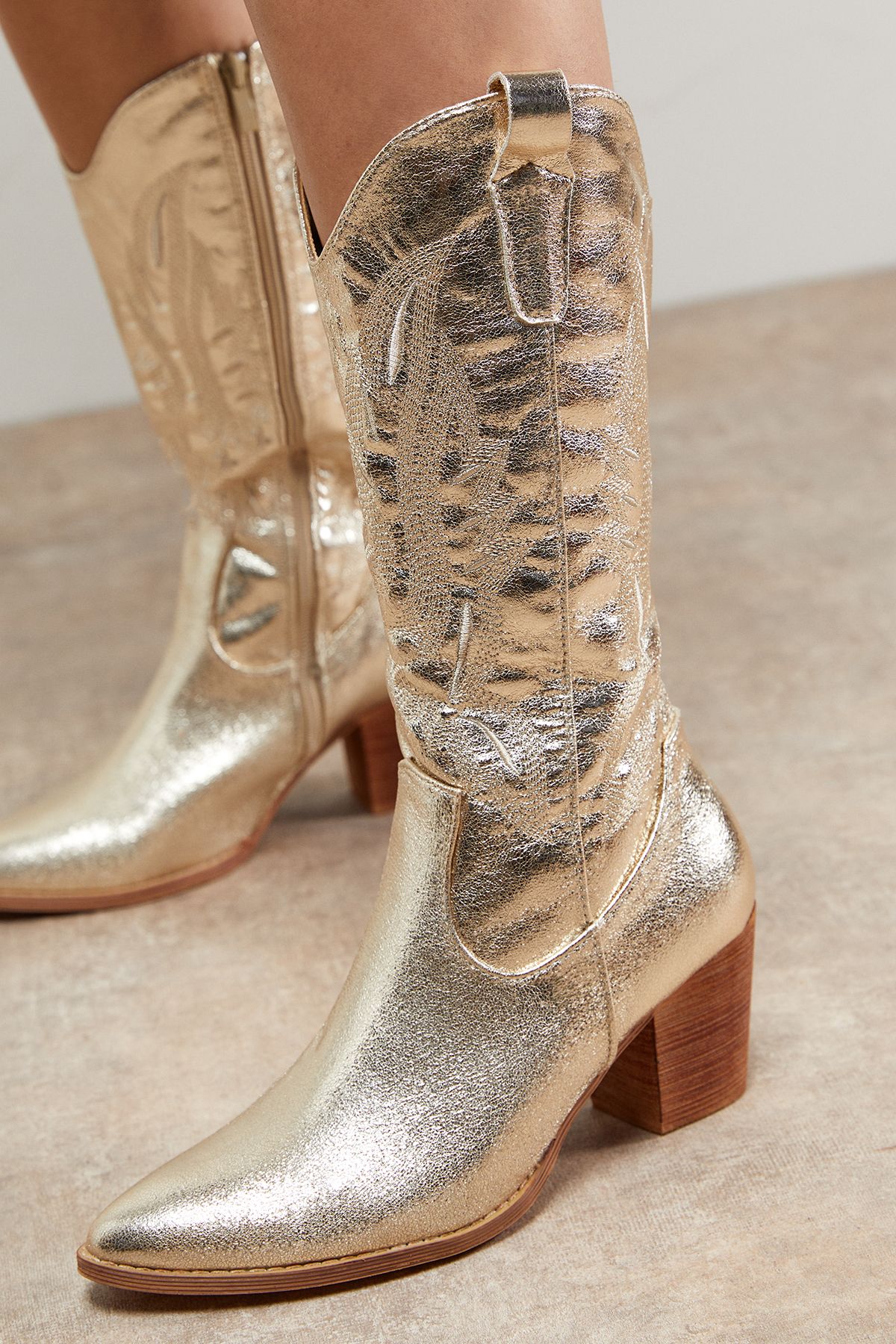 Oasis Toulouse Faux Suede Western Cowboy Boots Gold image 4