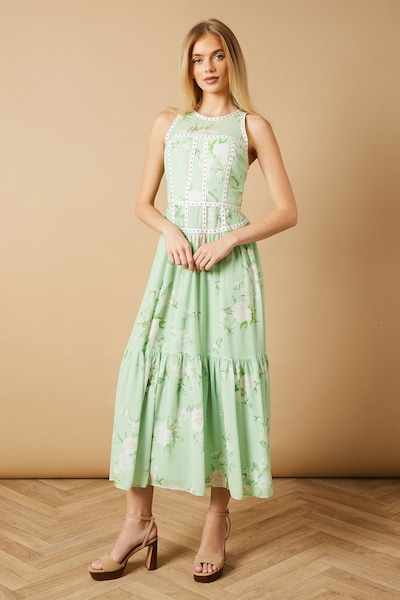 Oasis Printed Stud Embellished Trim Maxi Dress Green