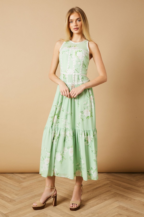 Oasis Printed Stud Embellished Trim Maxi Dress Green