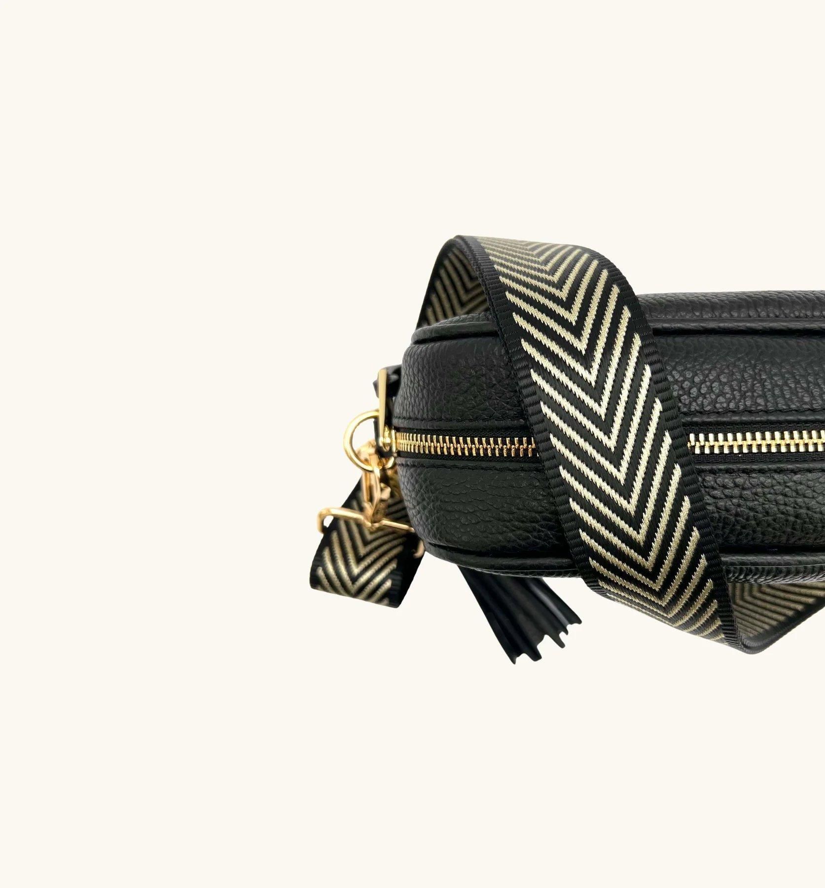 Apatchy London Black Leather Crossbody Bag With Black & Gold Chevron Strap image 2