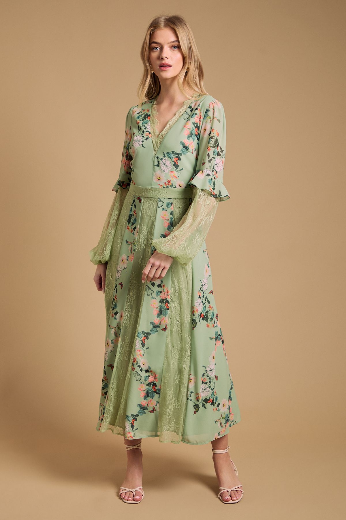 Oasis Lace Panel Midi Dress Sage image 1