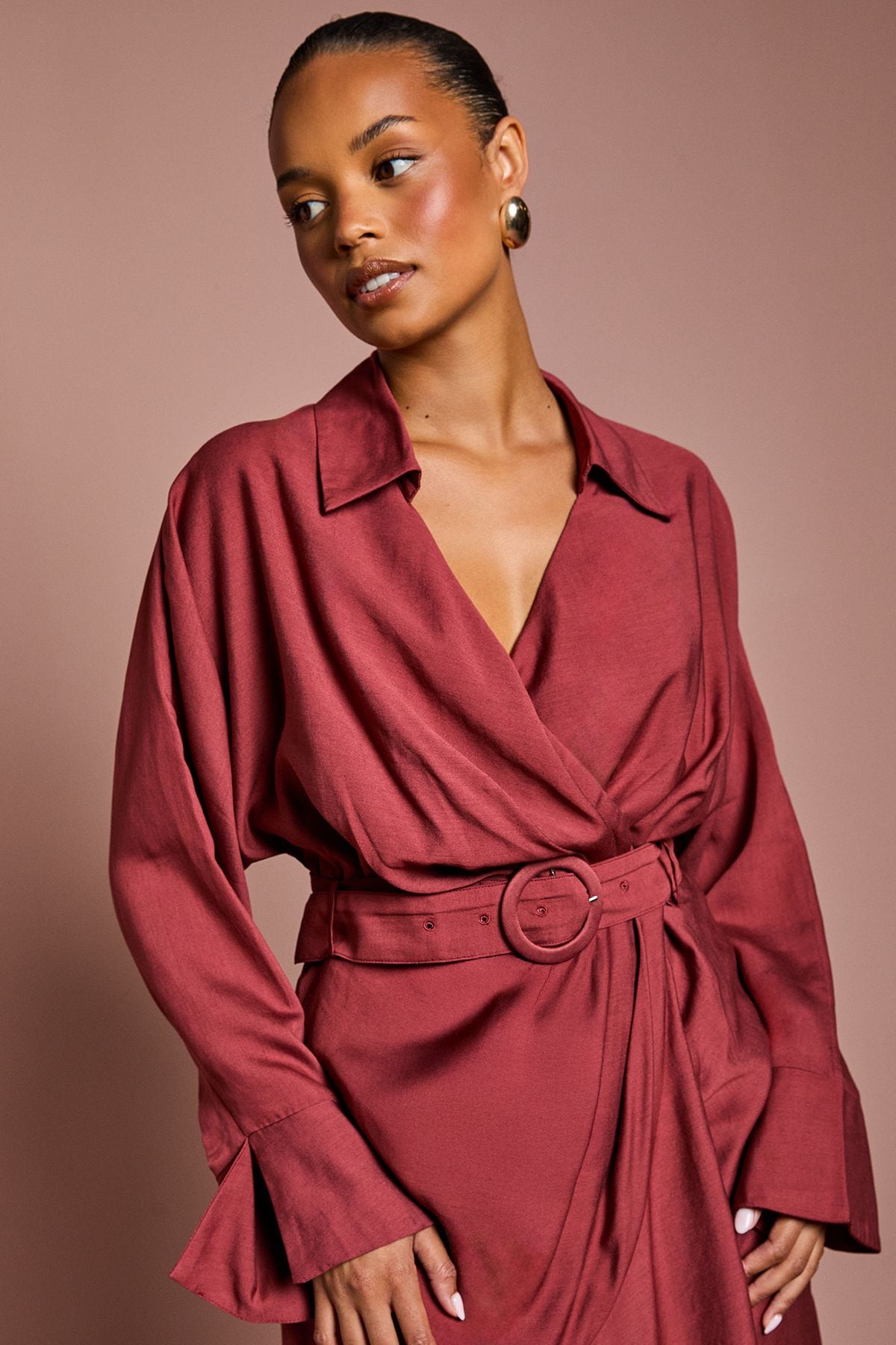 Coast Petite Twill Long Sleeve Wrap Dress With Belt Burgundy image 4