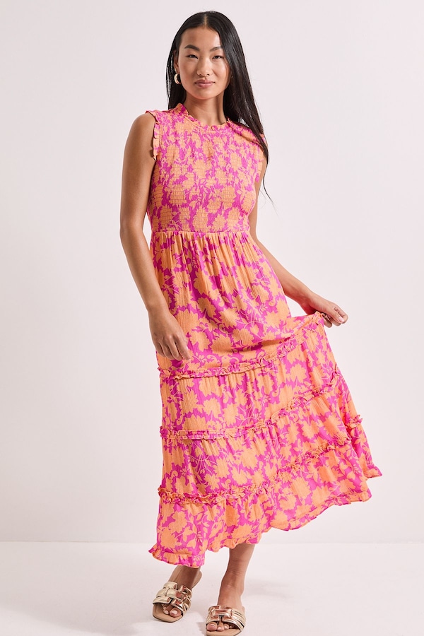 Dorothy Perkins Petite Frill Detail Shirred Bodice Tiered Midi Dress Floral