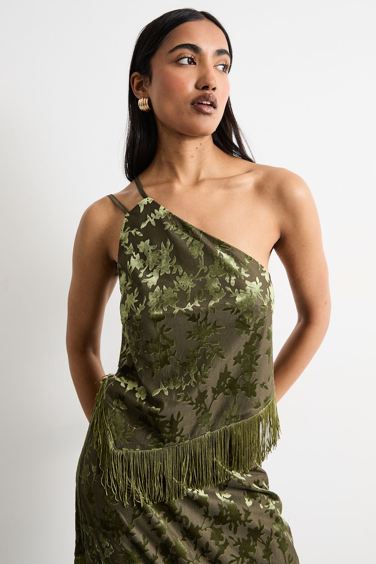 Warehouse Devore One Shoulder Fringe Cami Top Khaki
