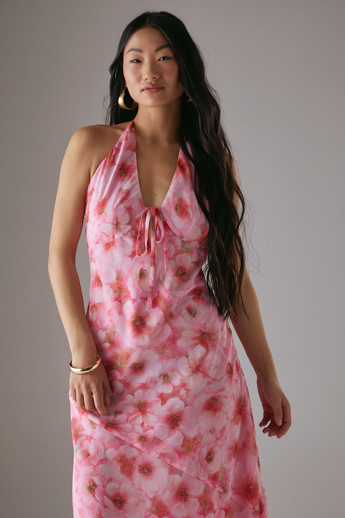 Warehouse Petite Chiffon Bias Tie Front Low Back Halter Midi Dress Pink image 2