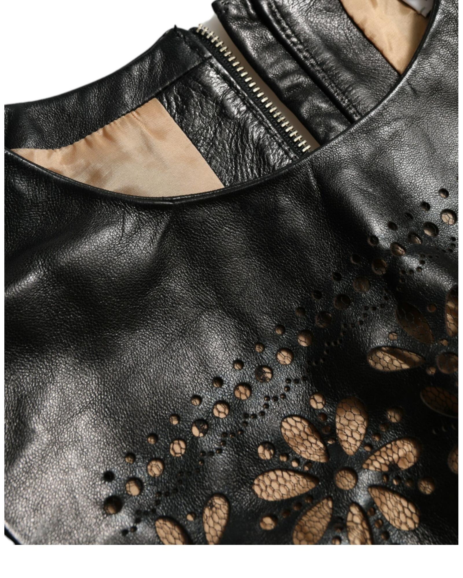 Valentino Leather Mini Dress Floral Cutout Wo - Black Dresses image 8