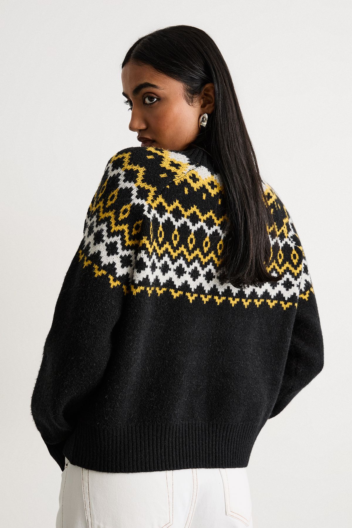 Warehouse Fairisle Knitted Yoke Detail Jumper Black image 3