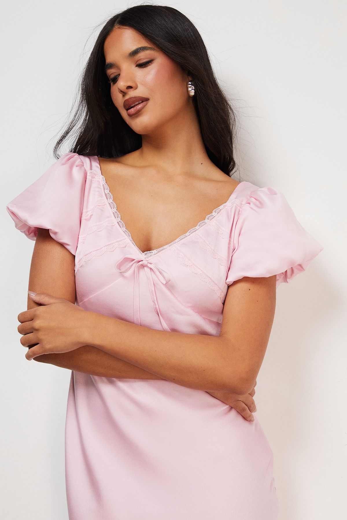 Warehouse Satin Lace Insert Puff Sleeve Midi Tea Dress Pale Pink image 4