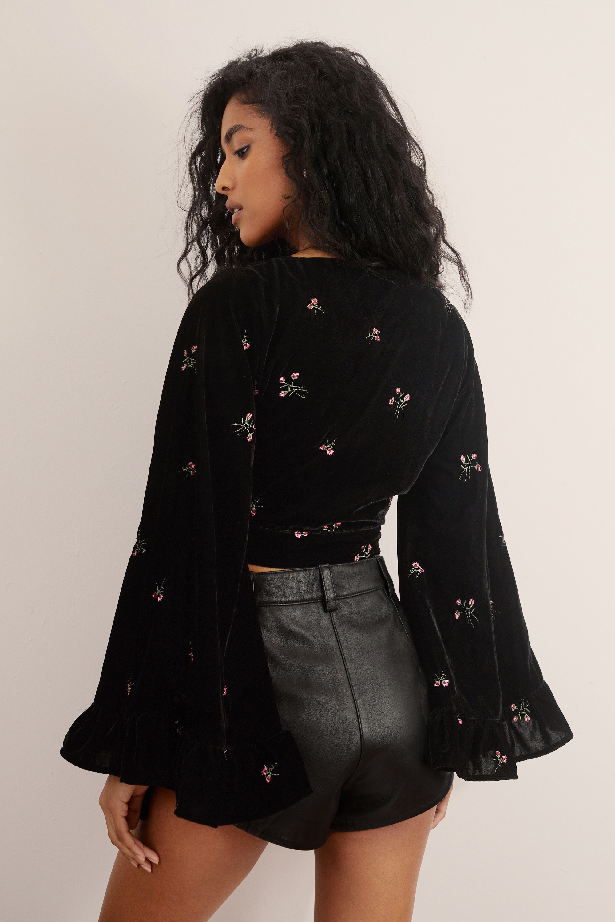NastyGal Velvet Floral Embroidered Ruffle Wrap Top Black image 4