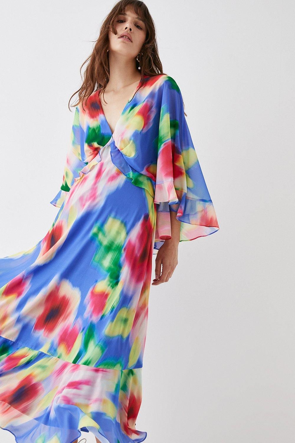 Coast Printed Cape Sleeve Frill Midi Dress Blue image 3