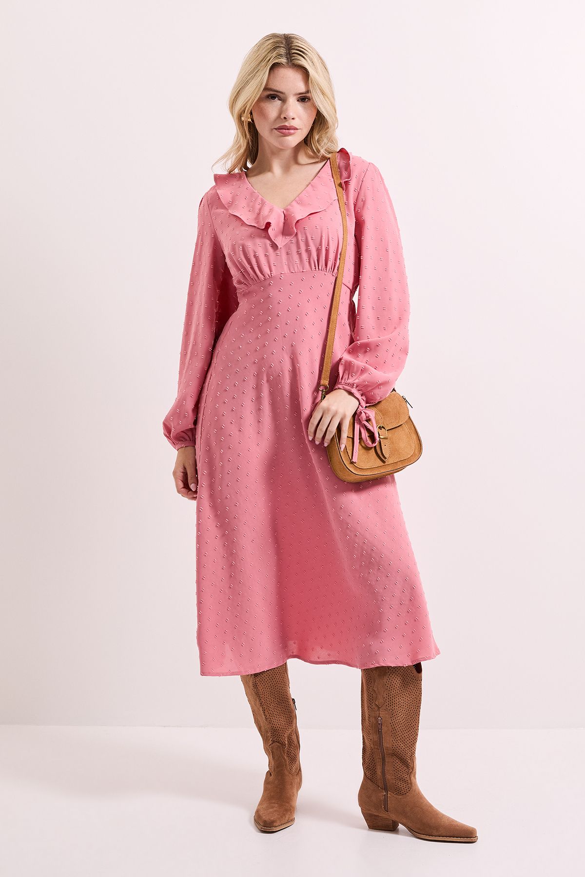Dorothy Perkins Ruffle Front Blouson Sleeve Midi Dress Rose image 1