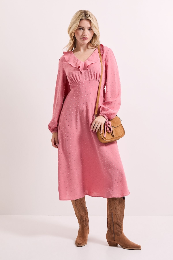 Dorothy Perkins Ruffle Front Blouson Sleeve Midi Dress Rose
