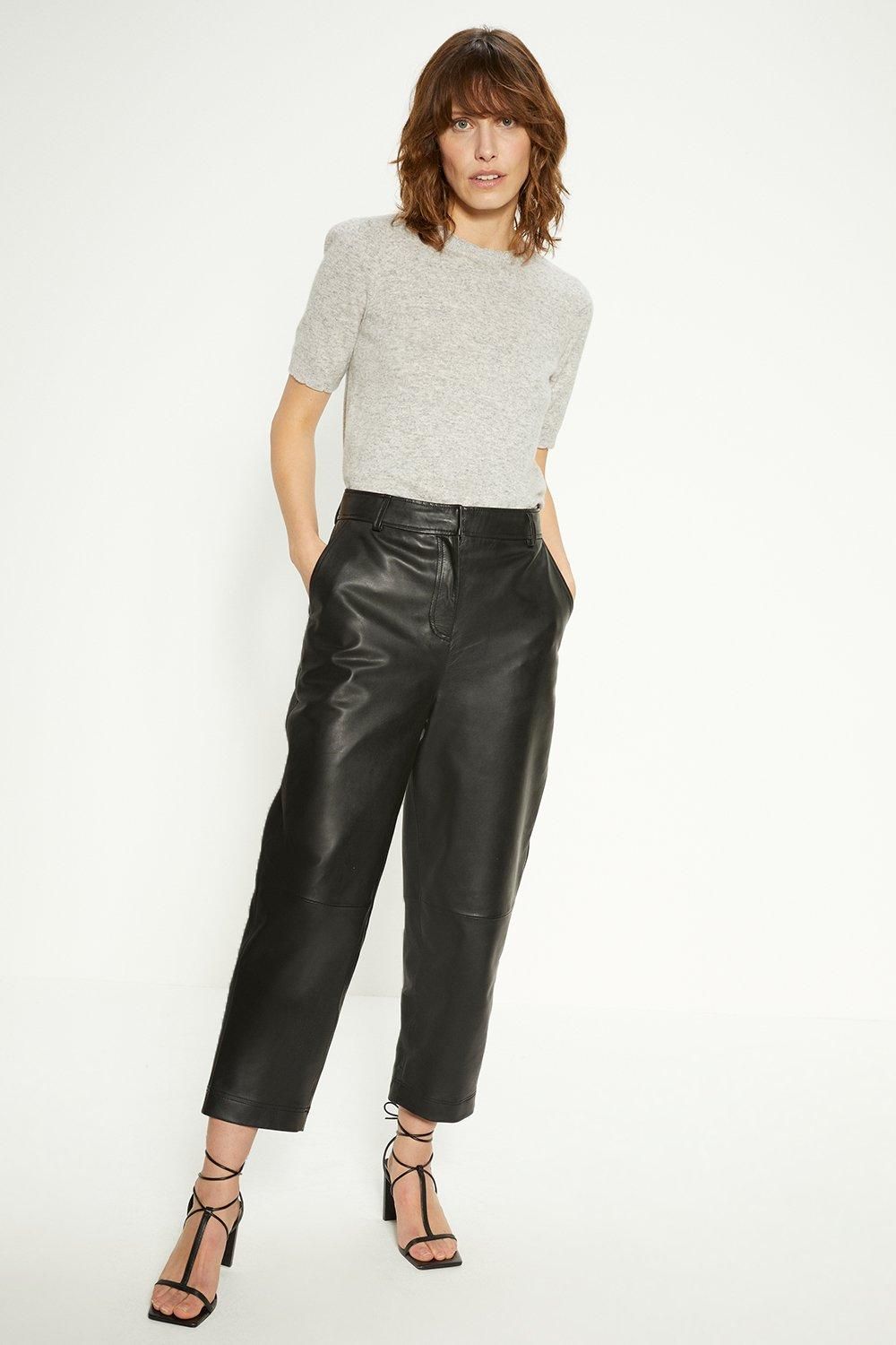 Oasis Real Leather Barrel Leg Trouser Black image 1