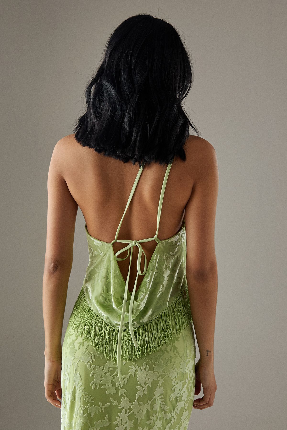 Warehouse Devore One Shoulder Fringe Cami Top Apple Green image 3