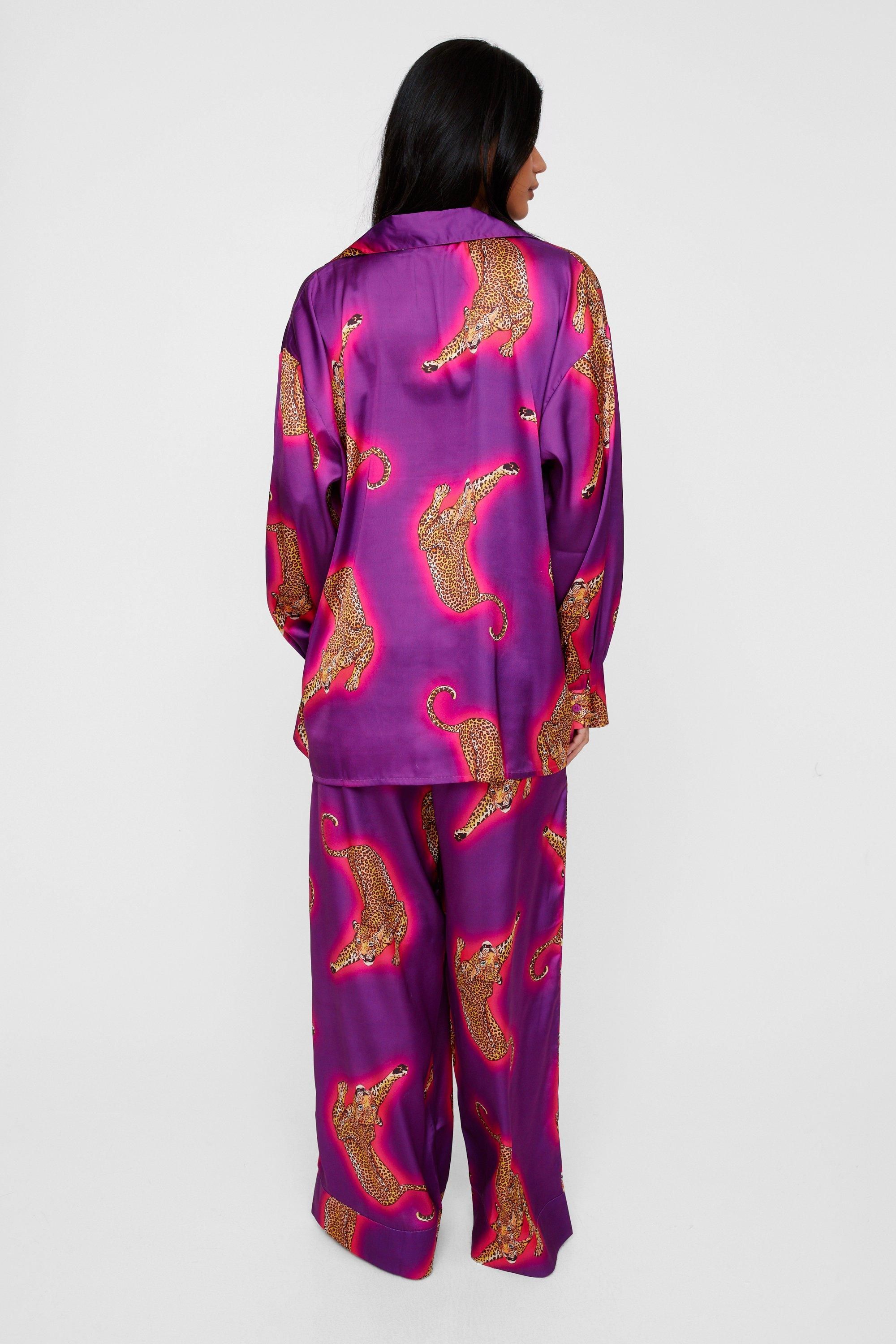 NastyGal Satin Leopard 3pc Shirt Bralette & Pants Pajama Set Purple image 4