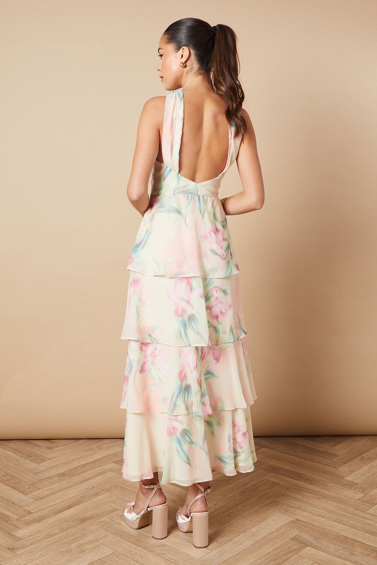 Oasis Floral Printed Halter Neck Chiffon Tiered Maxi Dress Ivory image 3