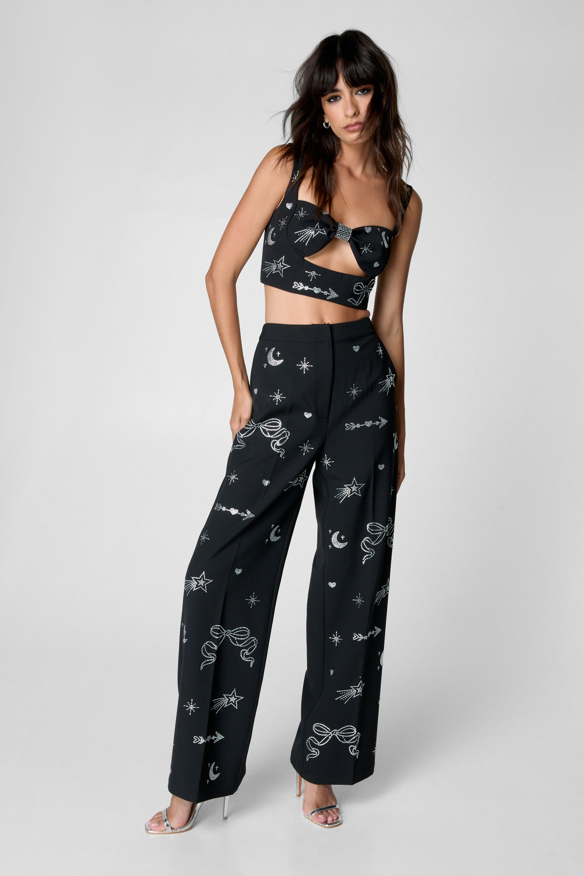 NastyGal Diamante Detail Straight Leg Pant Black image 1