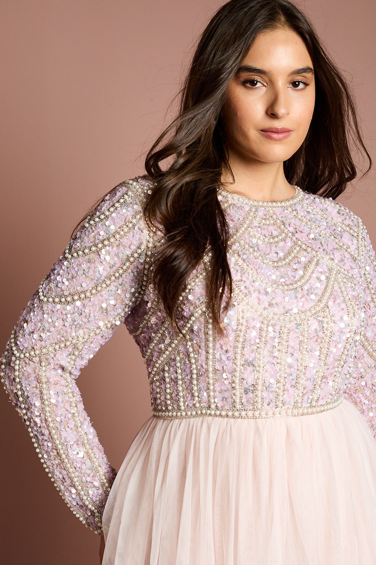 Coast Plus Size Pearl Embellished Bodice Bridesmaid Tulle Skirt Dress Pale Pink image 2